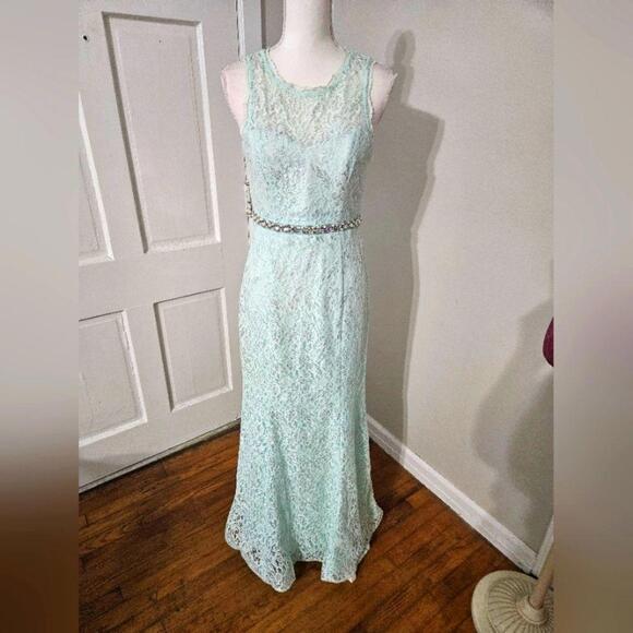 Elegant Mint Green Lace Evening Gown - Picture 11 of 12